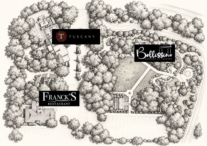 Illustrated campus map showing Tuscany Restaurant, Bellissimo Love Garden, and Franck's Restaurant